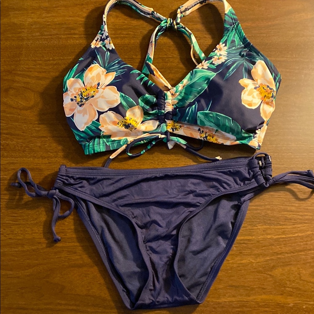 Kona Sol Blue and Green Bikini Set with Tropical Floral Design